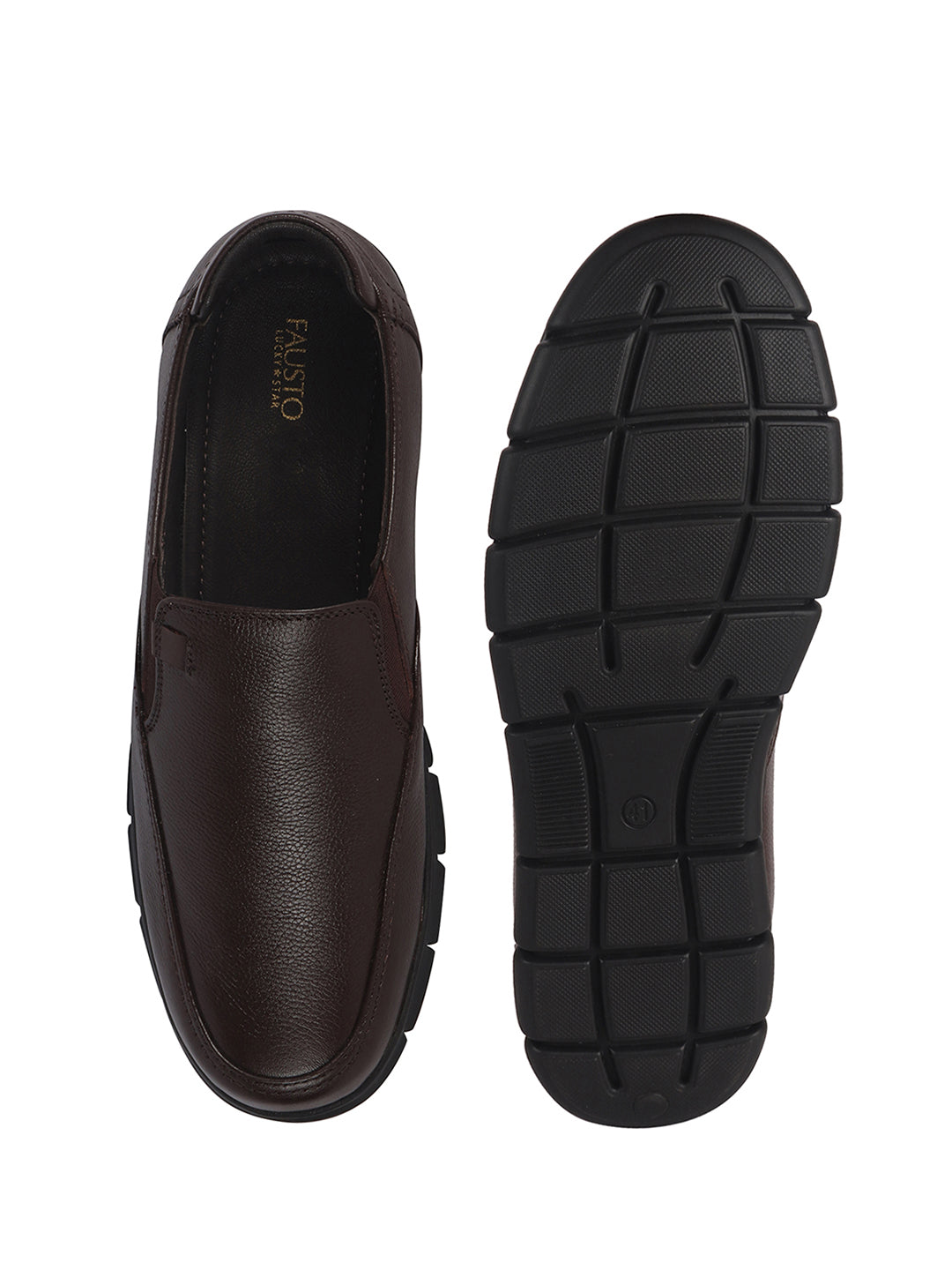 Men Brown Genuine Leather Formal Round Toe Pull-On Loafer Shoe with Superior Comfort|Shock Absorption Leather Memory Cushioned Insole|Broad Feet, Anti Skid Sole