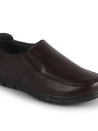 Men Brown Genuine Leather Formal Round Toe Pull-On Loafer Shoe with Superior Comfort|Shock Absorption Leather Memory Cushioned Insole|Broad Feet, Anti Skid Sole