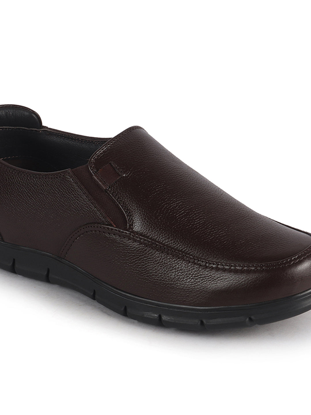 Men Brown Genuine Leather Formal Round Toe Pull-On Loafer Shoe with Superior Comfort|Shock Absorption Leather Memory Cushioned Insole|Broad Feet, Anti Skid Sole