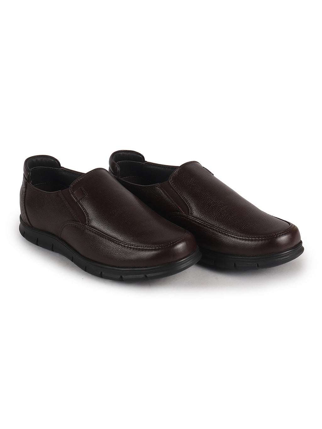 Men Brown Genuine Leather Formal Round Toe Pull-On Loafer Shoe with Superior Comfort|Shock Absorption Leather Memory Cushioned Insole|Broad Feet, Anti Skid Sole