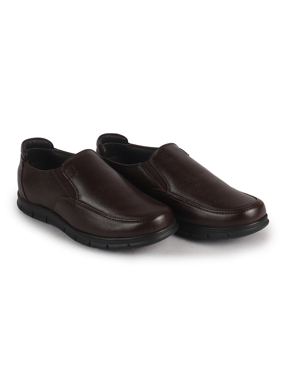 Men Brown Genuine Leather Formal Round Toe Pull-On Loafer Shoe with Superior Comfort|Shock Absorption Leather Memory Cushioned Insole|Broad Feet, Anti Skid Sole