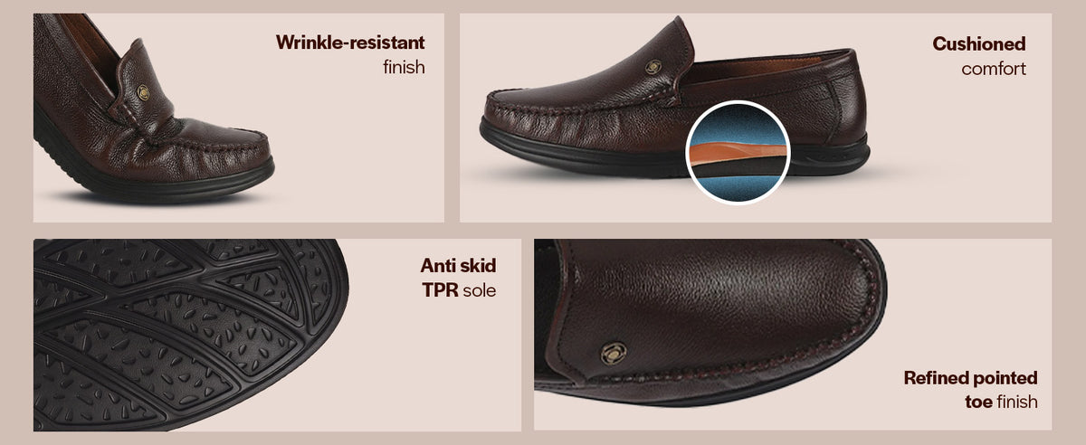 Men Black Genuine Leather Upper Stitched Round Toe Formal Pull On Shoe for Office, Meetings, Event|Slip Resistant Sole|Leather Memory Cushioned for Extra Comfort