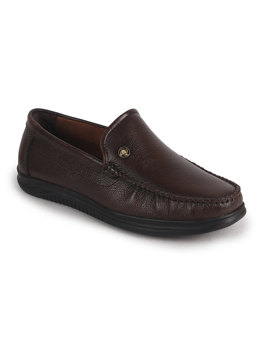 Men Brown Genuine Leather Upper Stitched Round Toe Formal Pull On Shoe for Office, Meetings, Event|Slip Resistant Sole|Leather Memory Cushioned for Extra Comfort