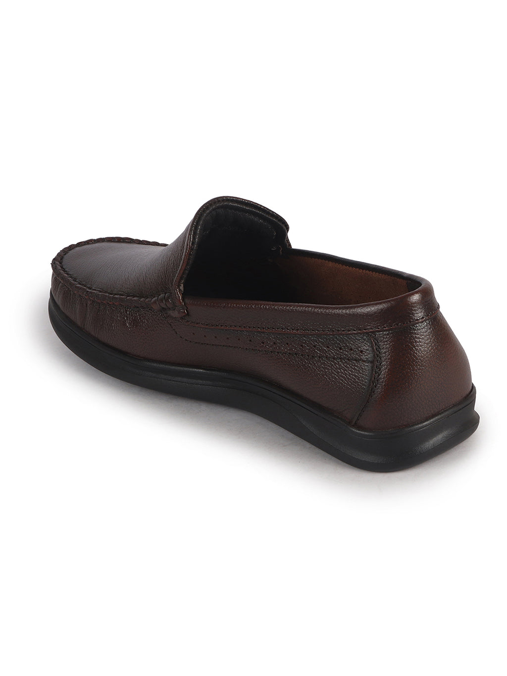 Men Brown Genuine Leather Upper Stitched Round Toe Formal Pull On Shoe for Office, Meetings, Event|Slip Resistant Sole|Leather Memory Cushioned for Extra Comfort