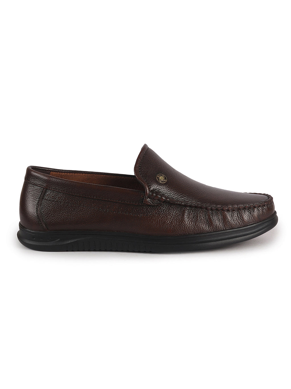 Men Brown Genuine Leather Upper Stitched Round Toe Formal Pull On Shoe for Office, Meetings, Event|Slip Resistant Sole|Leather Memory Cushioned for Extra Comfort