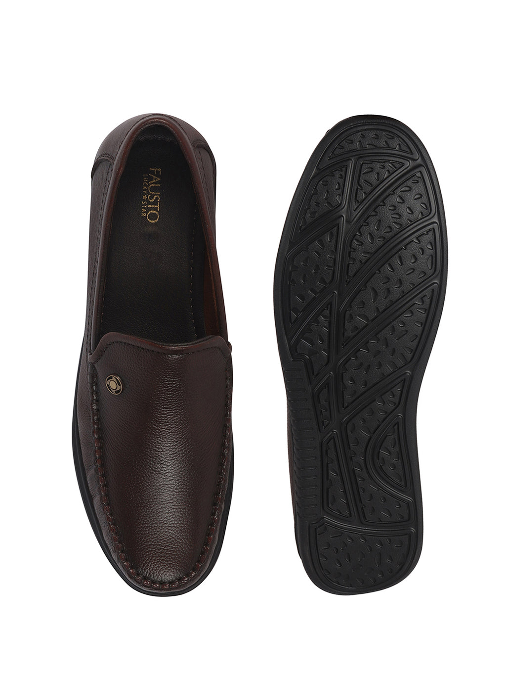 Men Brown Genuine Leather Upper Stitched Round Toe Formal Pull On Shoe for Office, Meetings, Event|Slip Resistant Sole|Leather Memory Cushioned for Extra Comfort