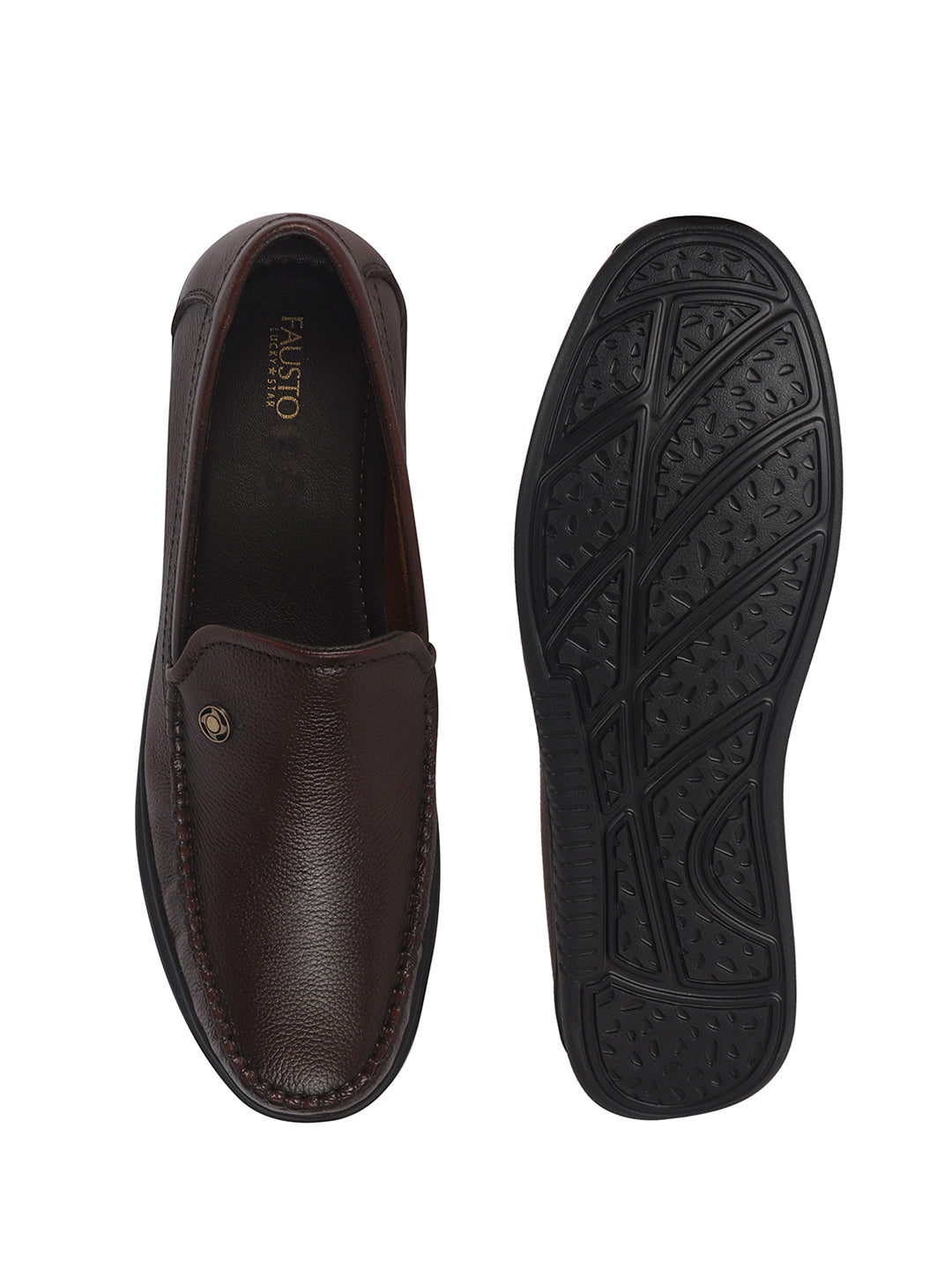 Men Brown Genuine Leather Upper Stitched Round Toe Formal Pull On Shoe for Office, Meetings, Event|Slip Resistant Sole|Leather Memory Cushioned for Extra Comfort