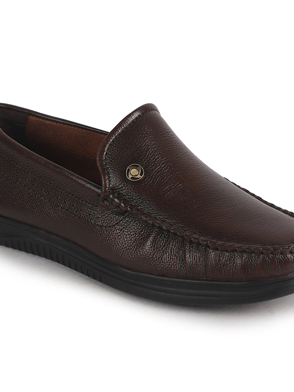 Men Brown Genuine Leather Upper Stitched Round Toe Formal Pull On Shoe for Office, Meetings, Event|Slip Resistant Sole|Leather Memory Cushioned for Extra Comfort