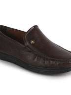Men Brown Genuine Leather Upper Stitched Round Toe Formal Pull On Shoe for Office, Meetings, Event|Slip Resistant Sole|Leather Memory Cushioned for Extra Comfort