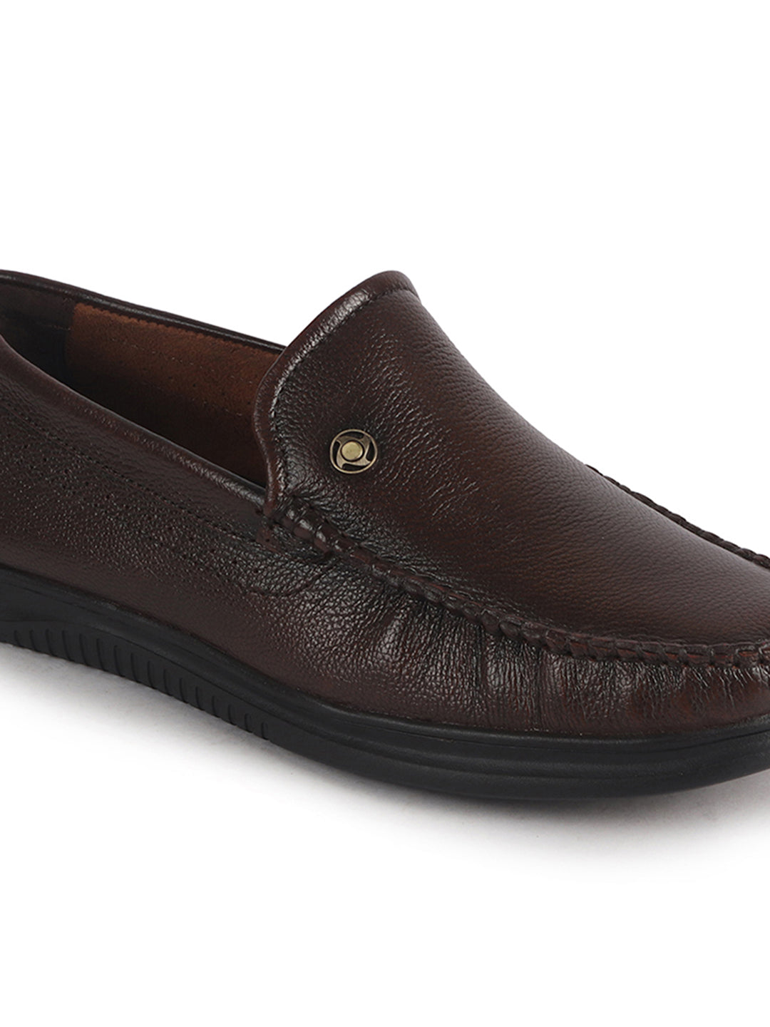 Men Brown Genuine Leather Upper Stitched Round Toe Formal Pull On Shoe for Office, Meetings, Event|Slip Resistant Sole|Leather Memory Cushioned for Extra Comfort
