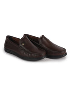 Men Brown Genuine Leather Upper Stitched Round Toe Formal Pull On Shoe for Office, Meetings, Event|Slip Resistant Sole|Leather Memory Cushioned for Extra Comfort