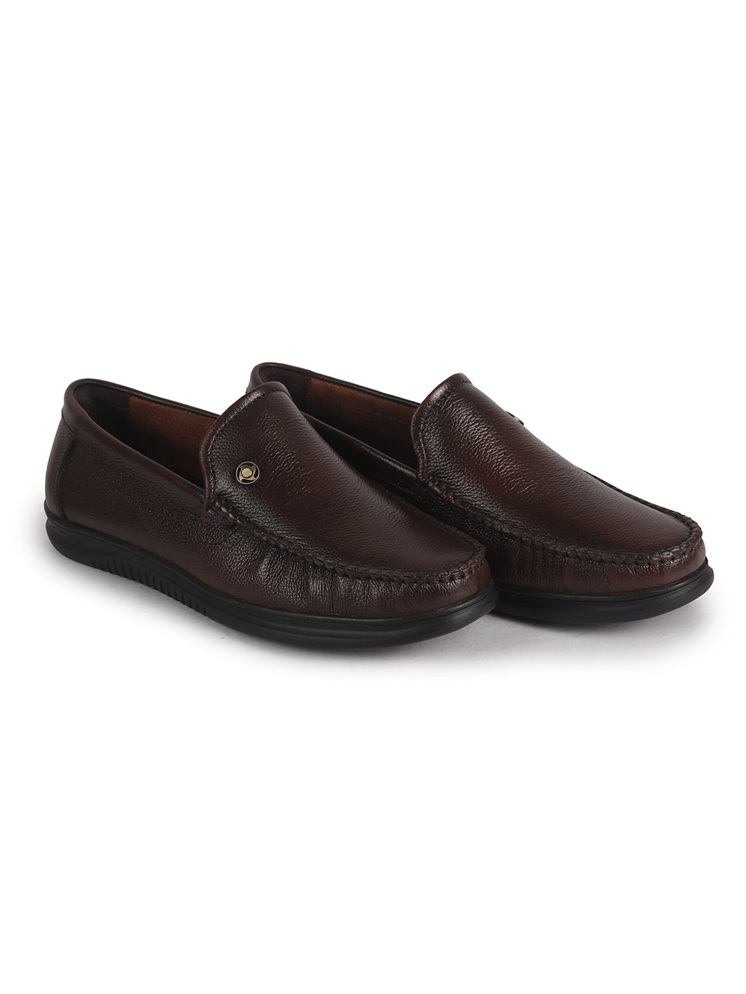 Men Brown Genuine Leather Upper Stitched Round Toe Formal Pull On Shoe for Office, Meetings, Event|Slip Resistant Sole|Leather Memory Cushioned for Extra Comfort