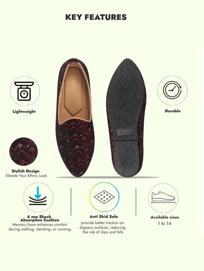 Men Red Embroidery Sequin Ethnic Slip On Juttis and Mojaris for Wedding|Festive Slip-On|Traditional Sherwani Shoes