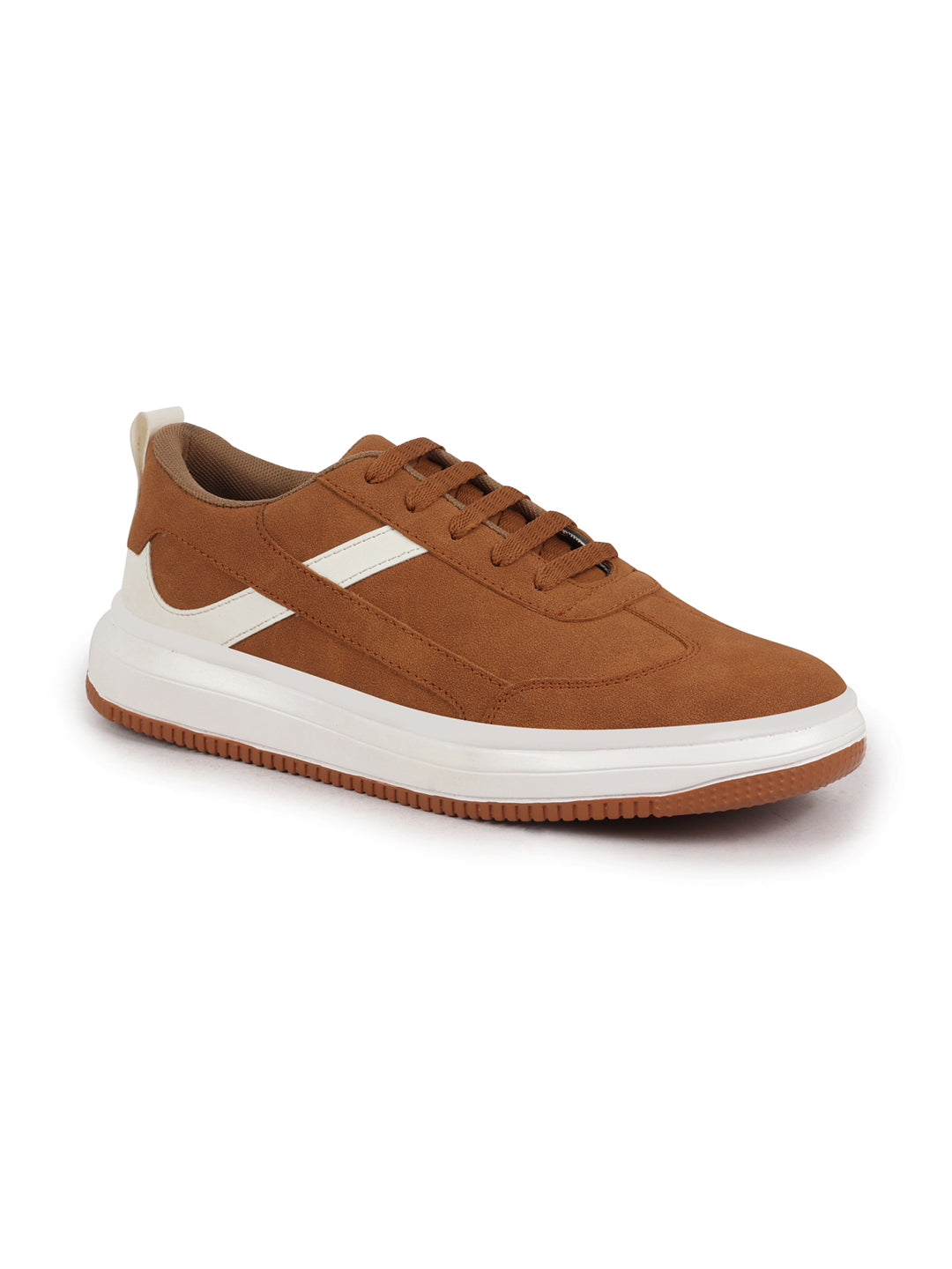 Shop Men Tan Lace Up White Stripped Trendy All Day Comfortable Lightweight Sneakers Casual Shoes Online.