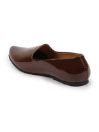 Men Tan Patent Glossy Ethnic Embroidered Design Slip On Shiny Juttis & Mojaris For Party|Wedding|Festival