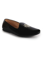 Men Black Patent Glossy Ethnic Embroidered Design Slip On Shiny Juttis & Mojaris For Party|Wedding|Festival