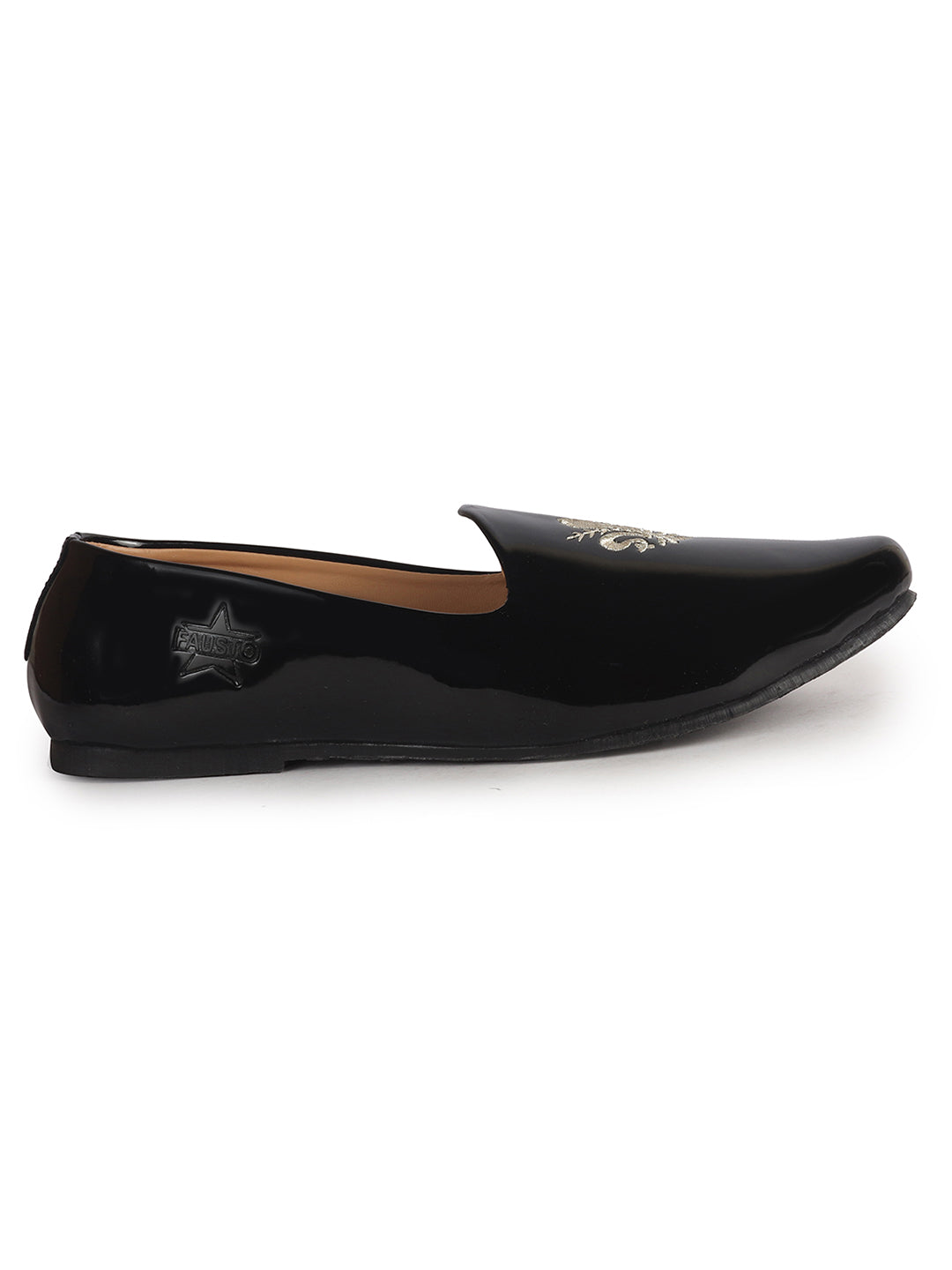 Men Black Patent Glossy Ethnic Embroidered Design Slip On Shiny Juttis & Mojaris For Party|Wedding|Festival