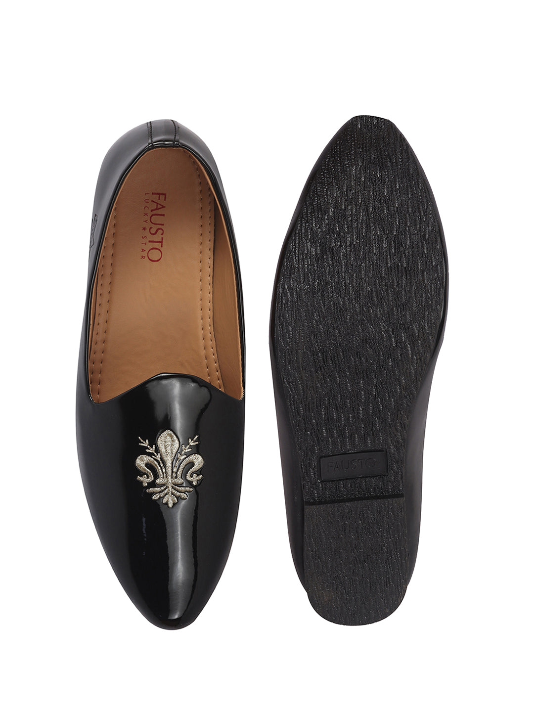 Men Black Patent Glossy Ethnic Embroidered Design Slip On Shiny Juttis & Mojaris For Party|Wedding|Festival