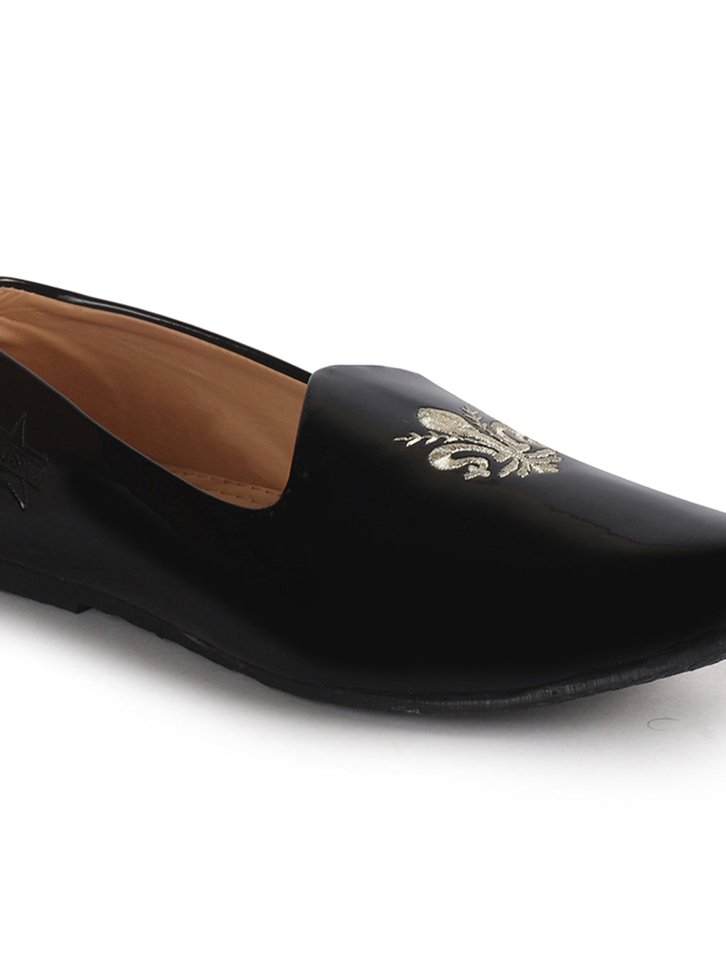 Men Black Patent Glossy Ethnic Embroidered Design Slip On Shiny Juttis & Mojaris For Party|Wedding|Festival