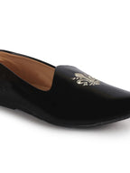 Men Black Patent Glossy Ethnic Embroidered Design Slip On Shiny Juttis & Mojaris For Party|Wedding|Festival