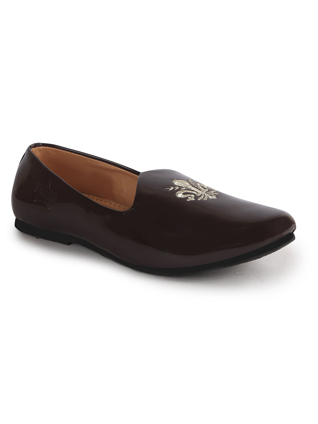 Men Brown Patent Glossy Ethnic Embroidered Design Slip On Shiny Juttis & Mojaris For Party|Wedding|Festival
