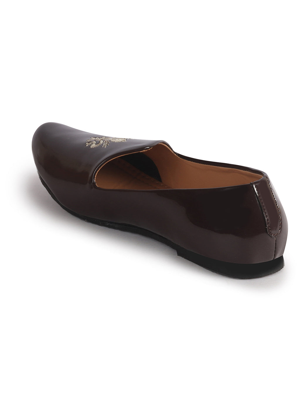Men Brown Patent Glossy Ethnic Embroidered Design Slip On Shiny Juttis & Mojaris For Party|Wedding|Festival