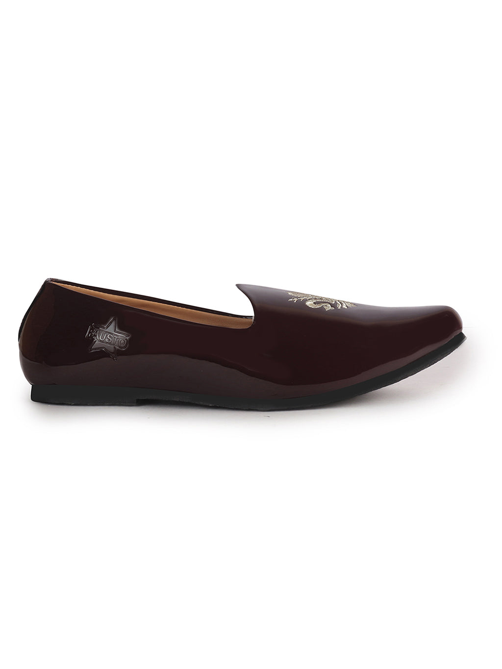 Men Brown Patent Glossy Ethnic Embroidered Design Slip On Shiny Juttis & Mojaris For Party|Wedding|Festival