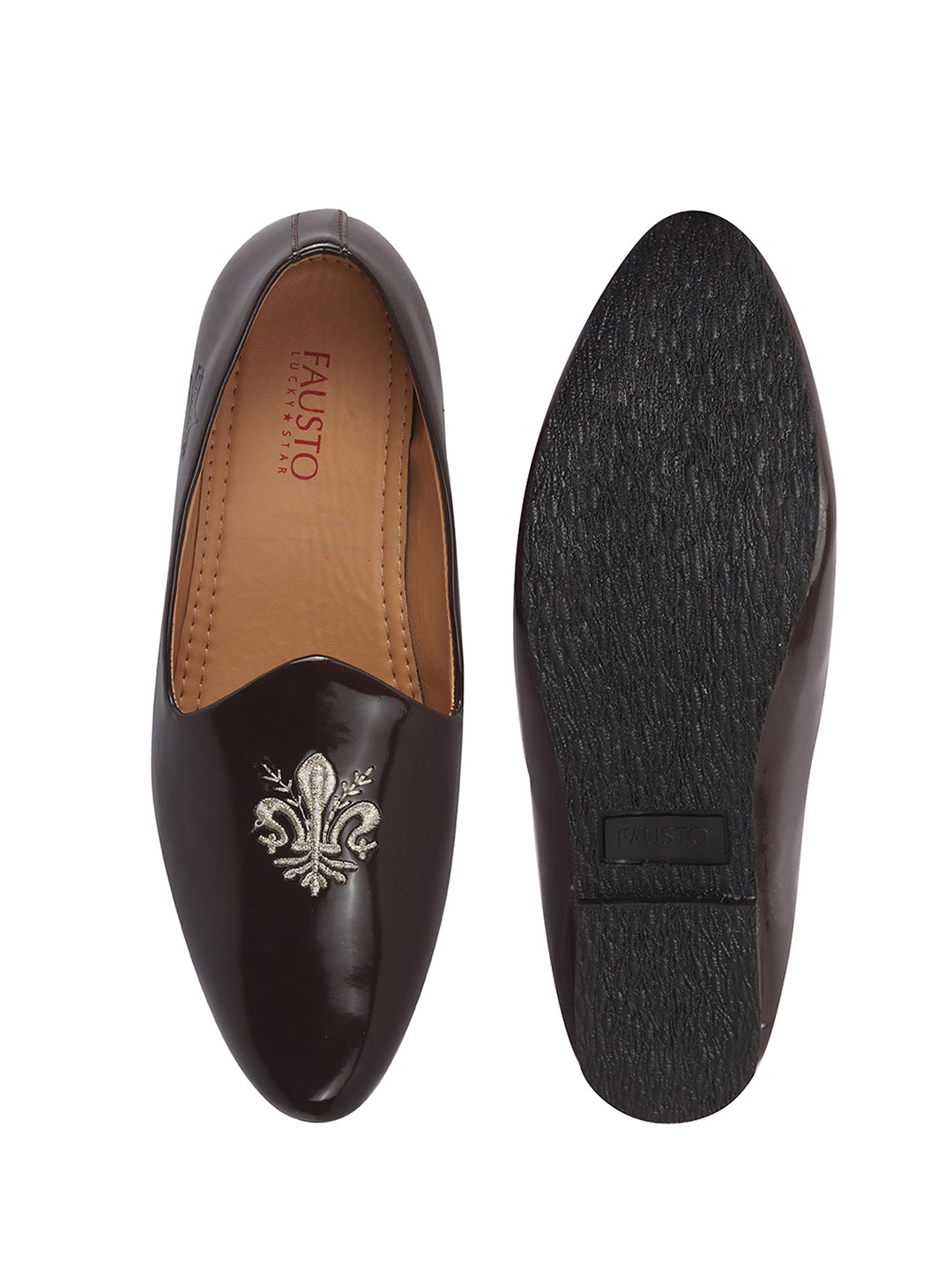 Men Brown Patent Glossy Ethnic Embroidered Design Slip On Shiny Juttis & Mojaris For Party|Wedding|Festival
