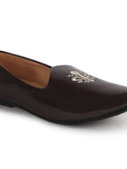 Men Brown Patent Glossy Ethnic Embroidered Design Slip On Shiny Juttis & Mojaris For Party|Wedding|Festival