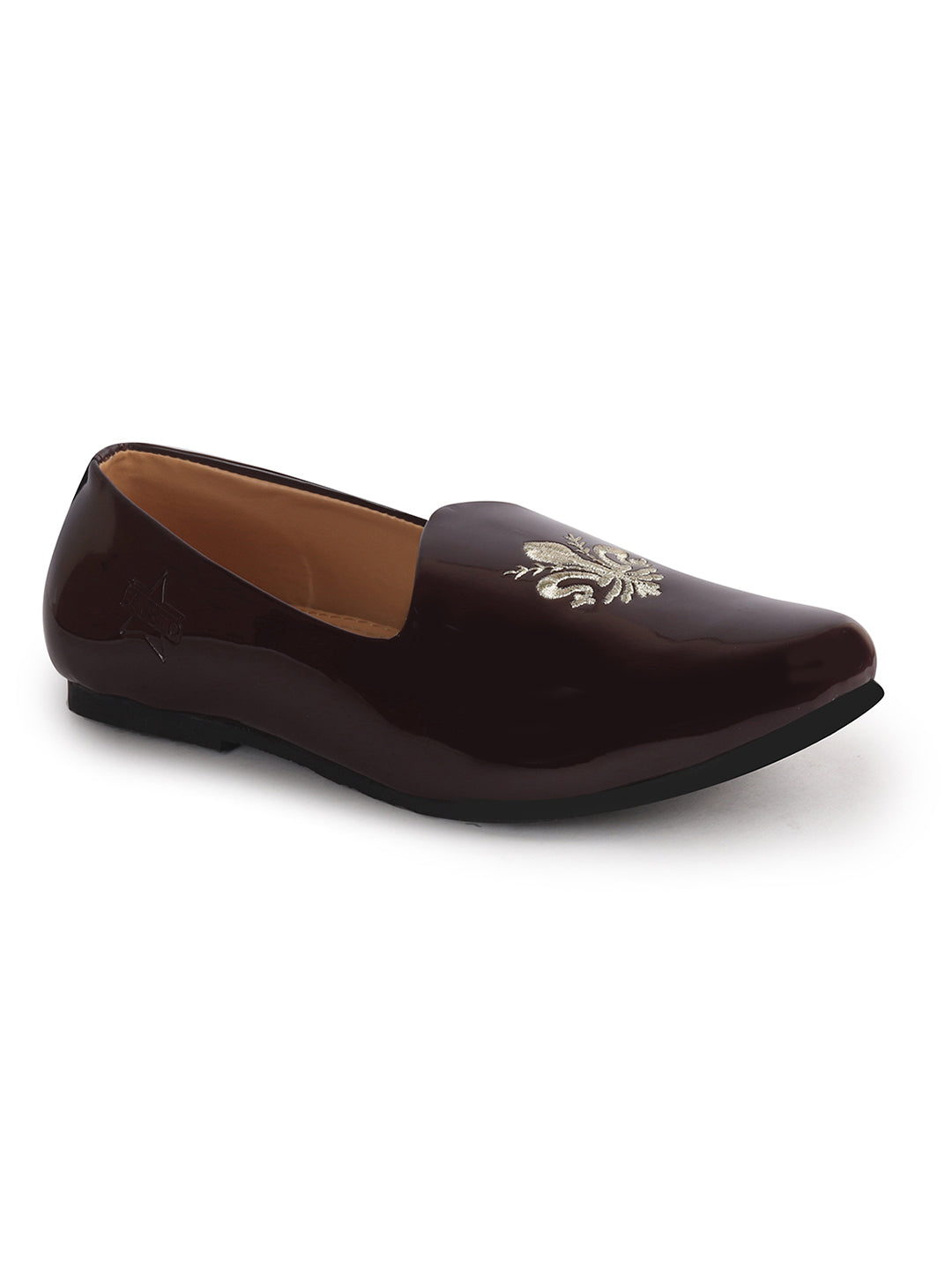 Men Cherry Patent Glossy Ethnic Embroidered Design Slip On Shiny Juttis & Mojaris For Party|Wedding|Festival