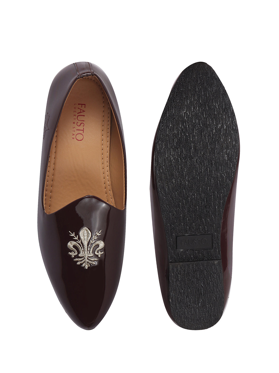 Men Cherry Patent Glossy Ethnic Embroidered Design Slip On Shiny Juttis & Mojaris For Party|Wedding|Festival