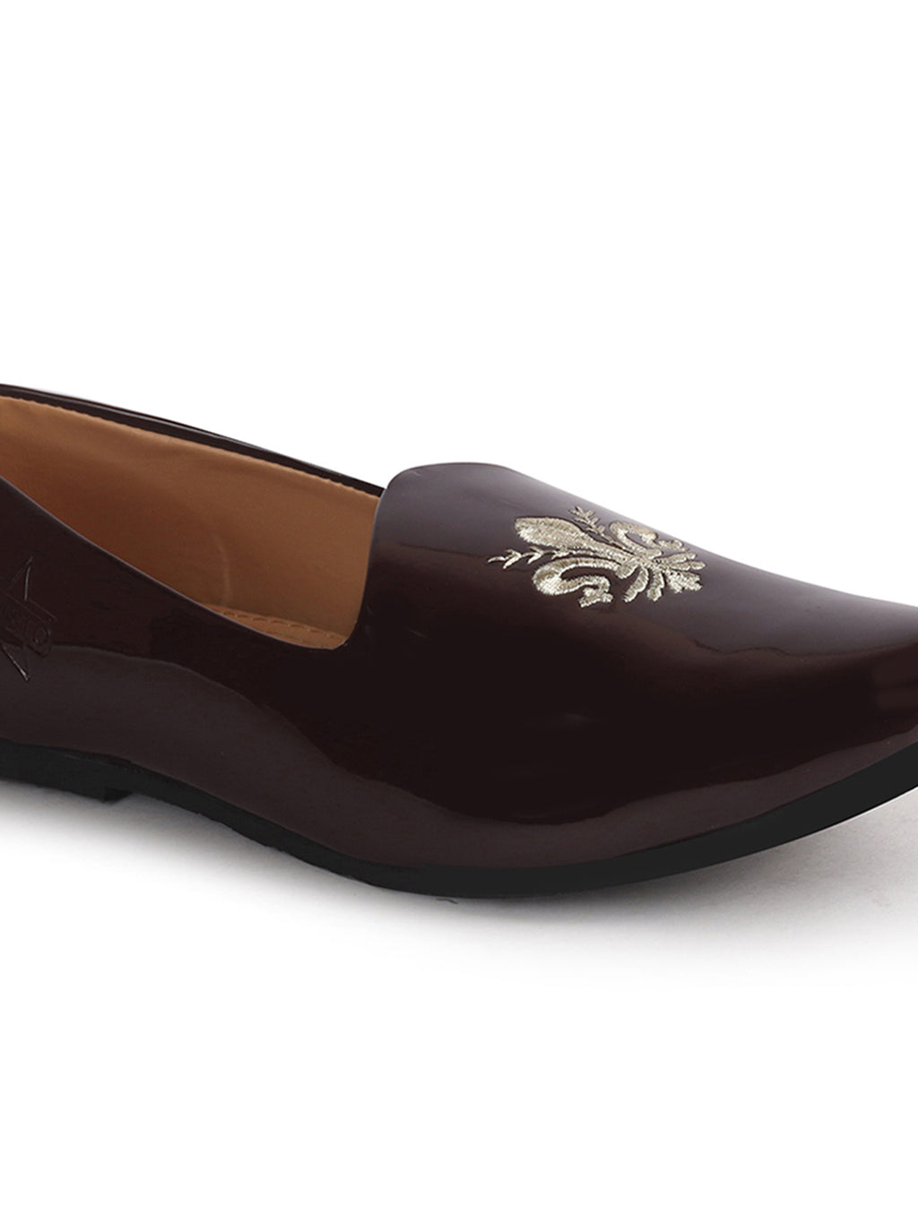 Men Cherry Patent Glossy Ethnic Embroidered Design Slip On Shiny Juttis & Mojaris For Party|Wedding|Festival