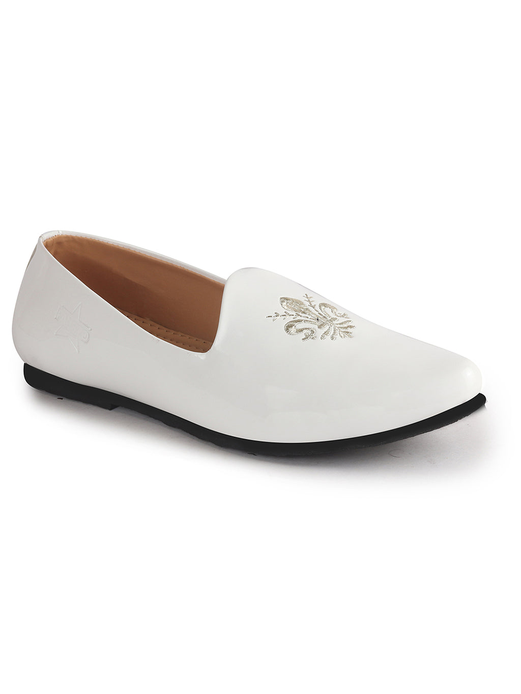 Men White Patent Glossy Ethnic Embroidered Design Slip On Shiny Juttis & Mojaris For Party|Wedding|Festival