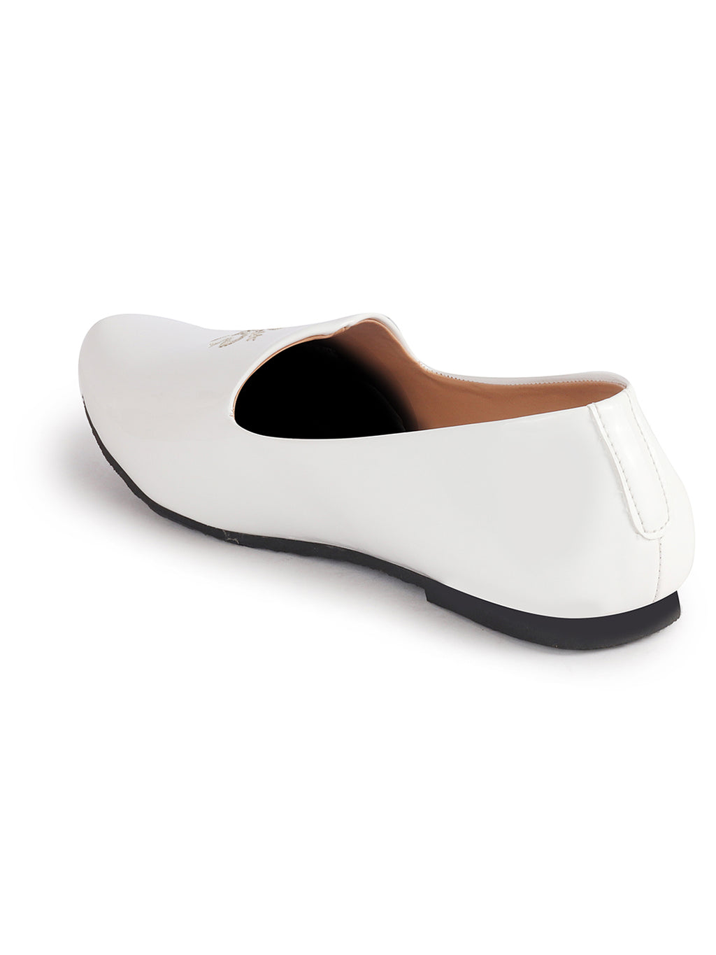 Men White Patent Glossy Ethnic Embroidered Design Slip On Shiny Juttis & Mojaris For Party|Wedding|Festival