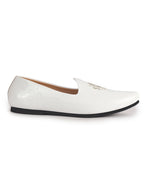Men White Patent Glossy Ethnic Embroidered Design Slip On Shiny Juttis & Mojaris For Party|Wedding|Festival