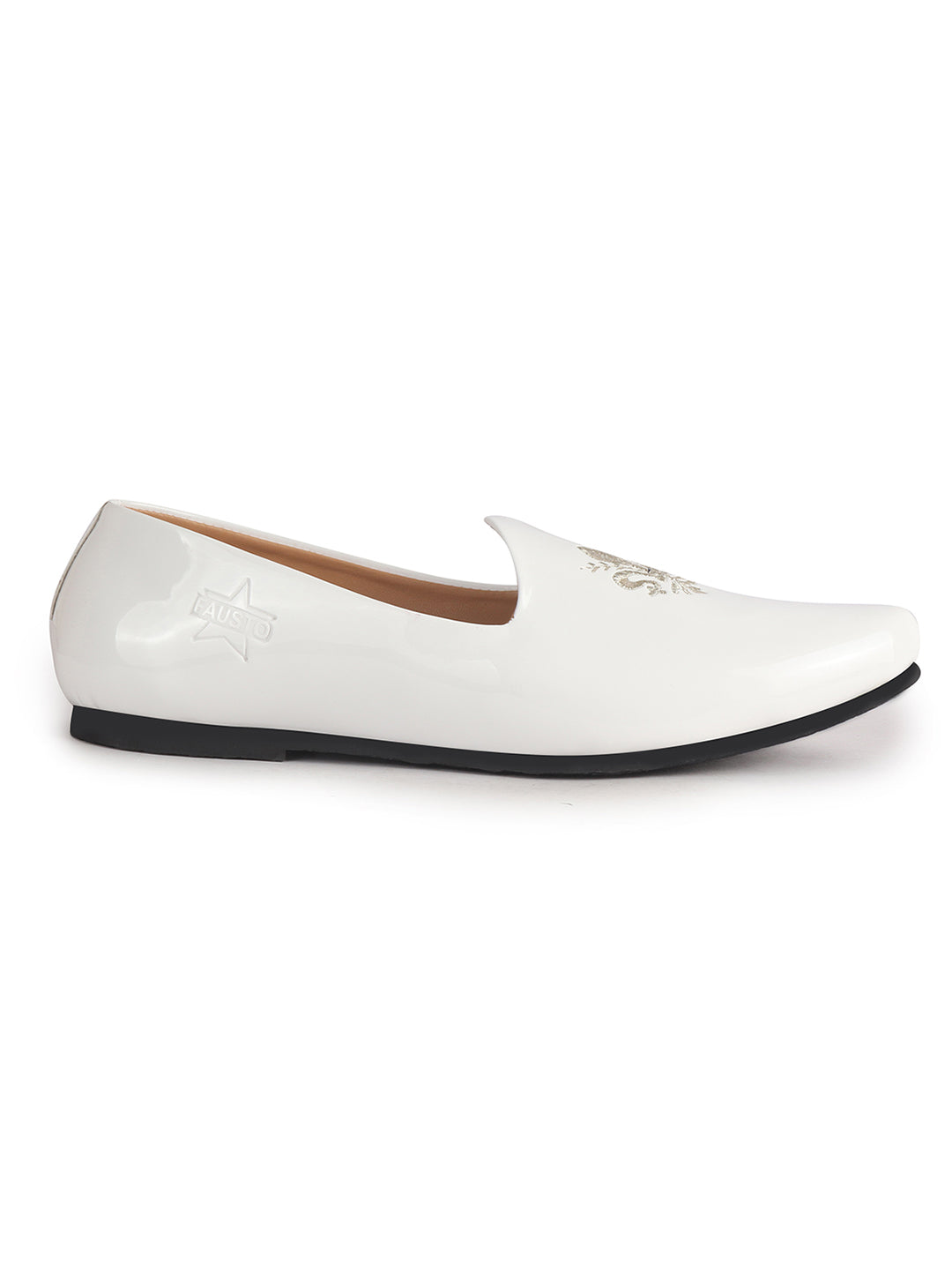 Men White Patent Glossy Ethnic Embroidered Design Slip On Shiny Juttis & Mojaris For Party|Wedding|Festival