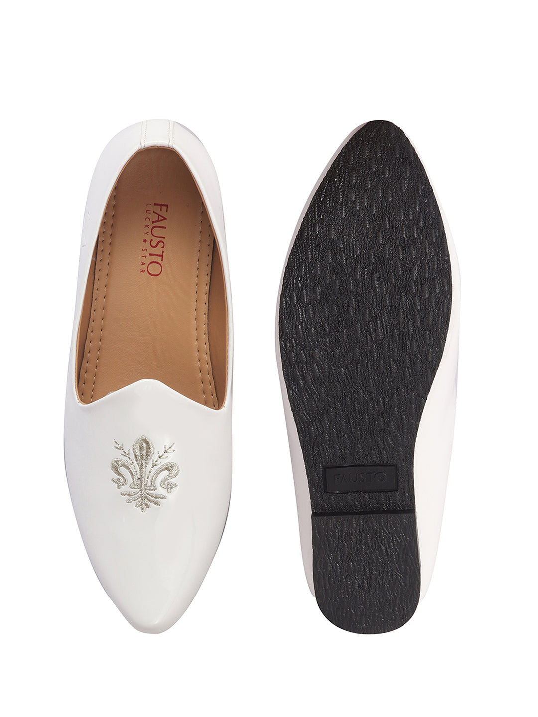 Men White Patent Glossy Ethnic Embroidered Design Slip On Shiny Juttis & Mojaris For Party|Wedding|Festival