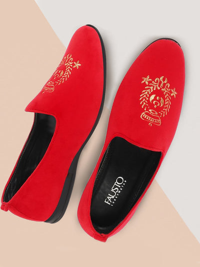 Men Rose Red Velvet Embroidery Party Casual Loafer Shoes