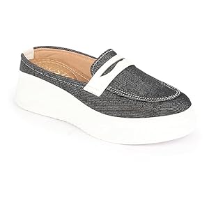 Women Navy Blue Fashion Outdoor Height Enhancer Open Back Slip On Upper Denim Casual Shoes