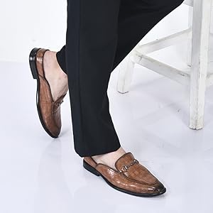 Men Blue Embossed Leopard Print Design with Horsebit Buckle Ethnic Party Back Open Slip On Mules Shoes