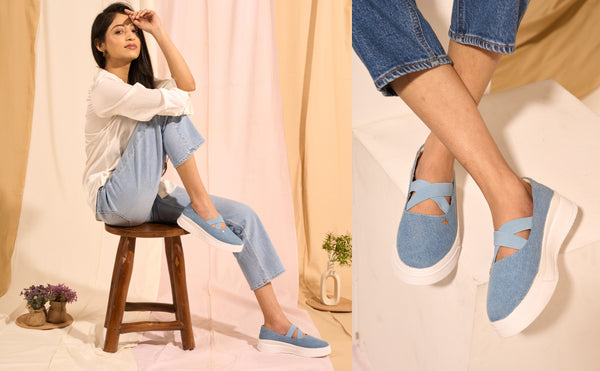 Women Beige Elastic Closure Cross Strap Denim Slip On Height Enhancer Ballet Styled Shoes