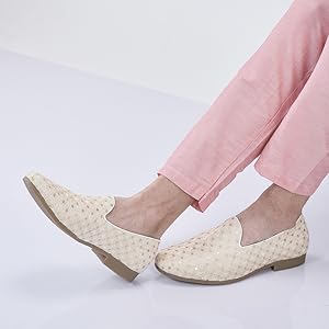 Men White Embroidered Sequin Ethnic Slip-On Juttis and Mojaris with Anti Skid Sole|Traditional Loafer Sherwani Shoes for Wedding, Reception, Party, Sangeet and Festive Outfits