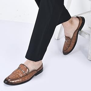 Men Blue Embossed Leopard Print Design with Horsebit Buckle Ethnic Party Back Open Slip On Mules Shoes