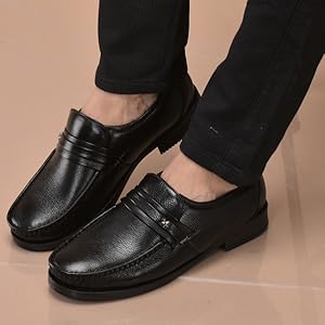 Men Black Genuine Leather Formal Slip On Moccasins Shoes for Office|Memory Cushion Meeting Slip-Ons