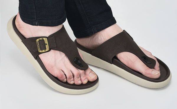 Men Black Buckle Adjustable T-Strap Side Stitched Summer Waterproof Slip On Sandals|Comfort Featherlite Insole|Thong Slipper for Monsoon Rainy Season