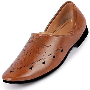 Men Tan Ethnic Wedding Party Laser Cut Perforated Design Slip On Juttis and Mojaris