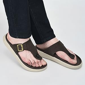 Men Black Buckle Adjustable T-Strap Side Stitched Summer Waterproof Slip On Sandals|Comfort Featherlite Insole|Thong Slipper for Monsoon Rainy Season
