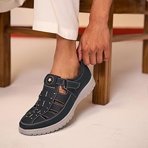FAUSTO Men Black Feather Light EVA Sole Shoe Style Comfortable Dress Sandal With Memory Cushion|Stitched Hook & Loop Sandal For Work|Evening|Festive
