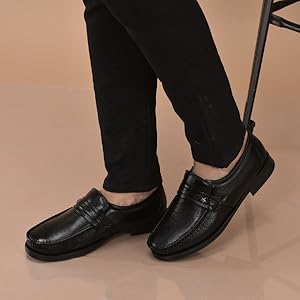 Men Black Genuine Leather Formal Slip On Moccasins Shoes for Office|Memory Cushion Meeting Slip-Ons