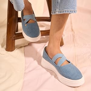 Women Beige Elastic Closure Cross Strap Denim Slip On Height Enhancer Ballet Styled Shoes